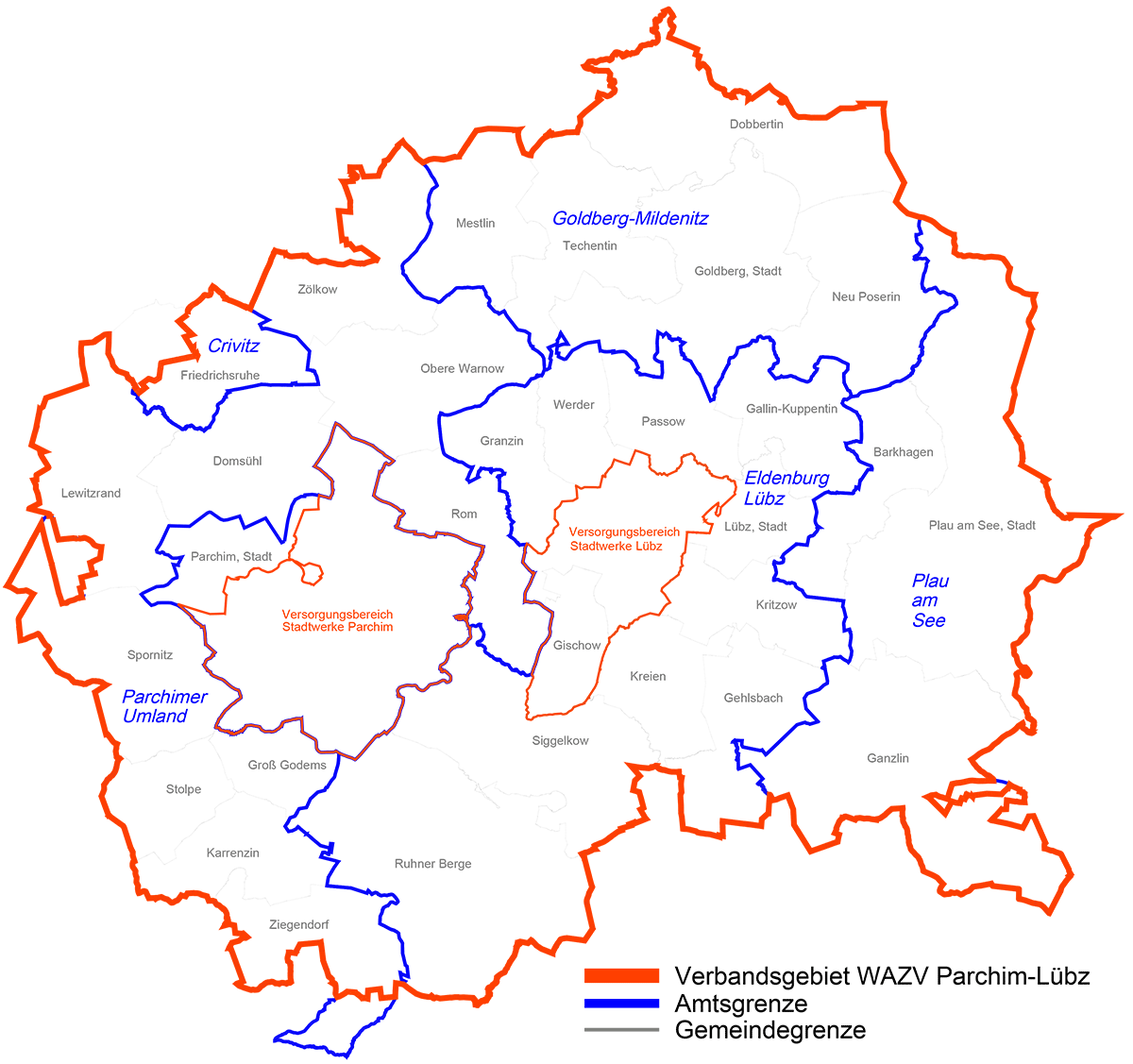 Karte des Verbandsgebiets des WAZV Parchim Lübz 